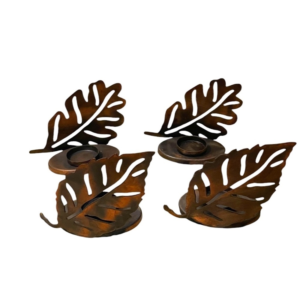 Set Of 4 Elements Leaf Design Metal Votive Candle Holders, Copper Color
